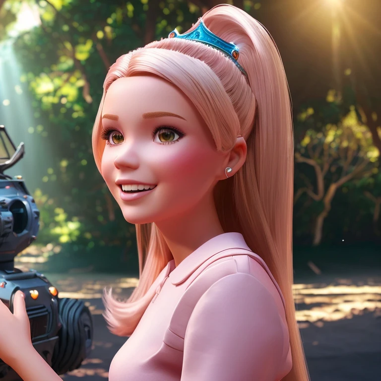 dynamic lighting, Uma princesa Barbie usando um lindo vestido rosa, usando uma bela coroa, No castelo de fadas cor-de-rosa, cabelo rosa, (fofo:1.3), (pale skin:1.1), (sorriso suave:1.1), Rosto detalhado, Textura detalhada da pele, raio de sol, Por Ilya Kuvshinov, Nina Masic, natural lighting, underground dispersal, ornado, ((tiro de vaqueiro)), atmospheric perspective, retina, pele texturizada, anatomicamente correto, Melhor qualidade, Premiado