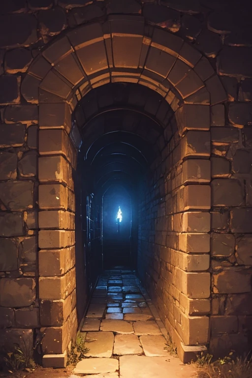 old secret passage in the castle dimly lit by magical wisps, cobwebs