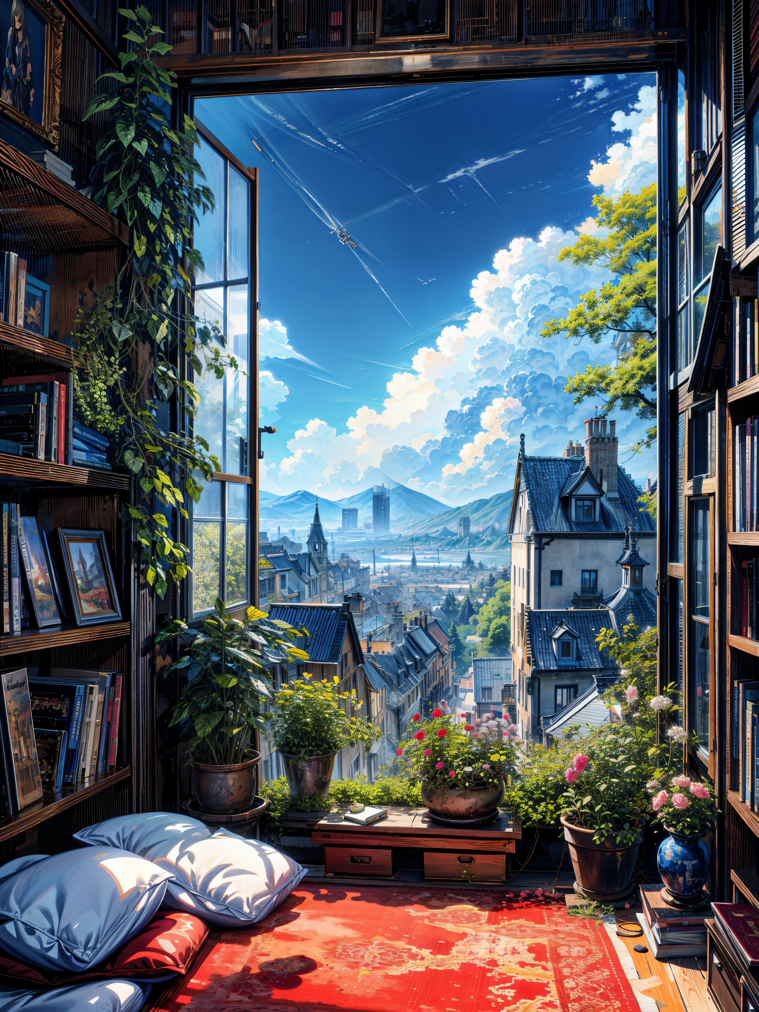 a painting of a window with a view of a city, personal room background, library background, anime landscape, hd anime cityscape, anime / manga, anime nature wallpap, anime landscape wallpaper, books and flowers, anime scenery, dream scenery art, anime wallaper, anime background, beautiful anime art, makoto shinkai and (cain kuga), detailed anime art, 4k hd,, beautiful art uhd 4 k, a beautiful artwork illustration, beautiful digital painting, highly detailed digital painting, beautiful digital artwork, detailed painting 4 k, very detailed digital painting, rich picturesque colors, gorgeous digital painting