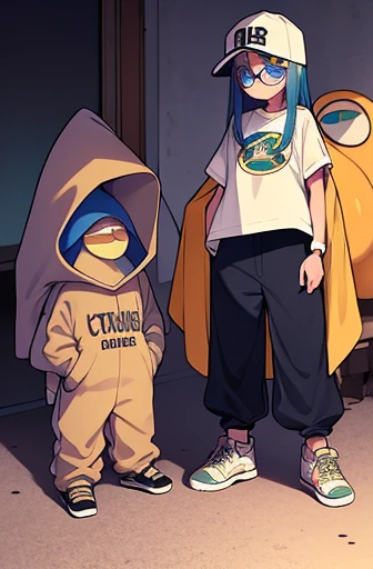 Um E.T. , criatura extraterrestre, olhos grandes, 51 area, com trajes modernos de gang, cap and glasses, blusa larga, baggy pants, tentariva do disfarce, misturar.