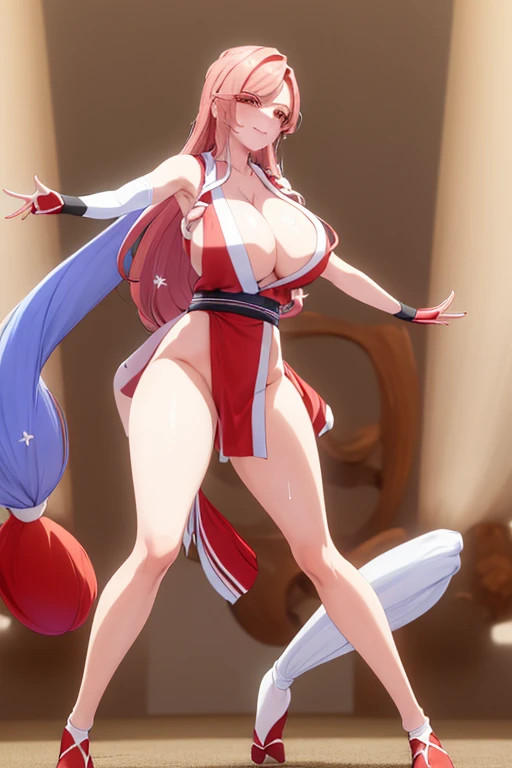 masterpiece, best quality, beautiful art, high resolution, well formed hands, body and fingers, 1 woman, solo, Hahari Hanazono, cosplaying as Mai Shiranui , adult, big breasted, cleavage full body, long hair, hair ornament, gorgeous legs and thighs, sexy Japanese clothes, hair ornament, elbow gloves, dancing seductively and erotically, turning backwards and forwards, showing her back and front, showing her butt, t back, smiling joyfully, sweating ,looking at the viewer, flirting, biting her lips, beach environment