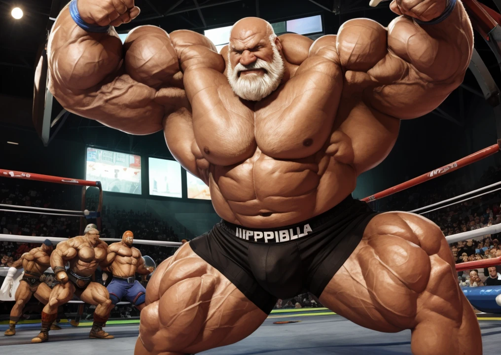 Wide medium shots, ground level camera shot, ,((hyper muscular)) old man fighting in rumble arena, black underpants , hyper muscle, hyper pectoral, hyper bicep, hyper arms, bulge, white and short hair, super thick arms, super big pectoral, super wide pectoral, topless, shirtless. 