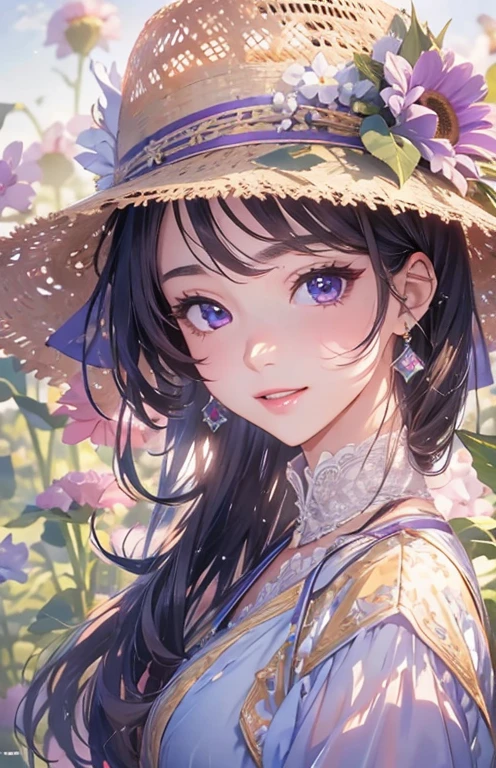 masterpiece、highest quality、High resolution、high quality images、8K, 1 female、skin luster、Texture of skin and clothing、Expression of fine eyes、glossy black hair,long hair girl, Manga inspired by Lee Jong-suk, trending on deviantart, realism, Detailed manga style, Manga art style, Perfect Line Drawing, beautiful line drawing, digital manga art girl, K-POPアイドル, dress, beautiful purple eyes, plump lips, Detailed gorgeous face, (cute smile), charm, innocent, Side view, (perfectly detailed face), (fine hands) photorealistic images, Depth of written boundary, half up hairstyle, sunflower， straw hat,one piece,wonderful flower garden，美しいsunflower，romanticism,