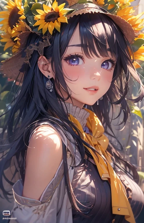 masterpiece、highest quality、High resolution、high quality images、8K, 1 female、skin luster、Texture of skin and clothing、Expression of fine eyes、glossy black hair,long hair girl, Manga inspired by Lee Jong-suk, trending on deviantart, realism, Detailed manga style, Manga art style, Perfect Line Drawing, beautiful line drawing, digital manga art girl, K-POPアイドル, dress, beautiful purple eyes, plump lips, Detailed gorgeous face, (cute smile), charm, innocent, Side view, (perfectly detailed face), (fine hands) photorealistic images, Depth of written boundary, half up hairstyle, sunflower， straw hat,one piece,wonderful flower garden，美しいsunflower，romanticism,