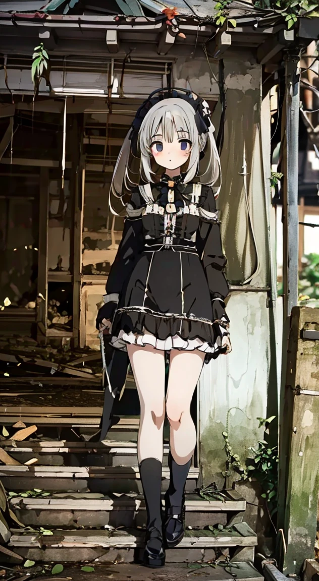 masterpiece, highest quality, (anime screencap:1.3),(shape), cute,(simple:1), (anime:1.2),Solo Sharp Focus, 1 girl, cleavage,looking at the viewer, Japan,silver hair,((mini skirt)),Are standing, twin tails,summer ,((Black Gothic Costume)),red ribbon,dark gothic,abandoned house,