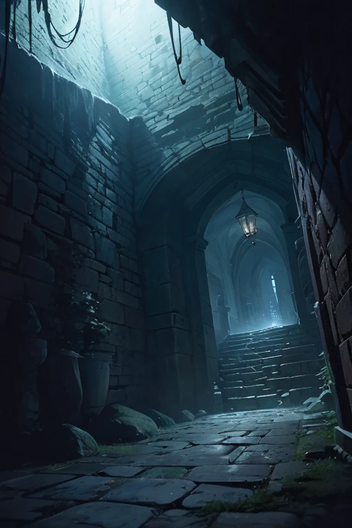 old secret passage in the castle dimly lit by magical wisps, cobwebs