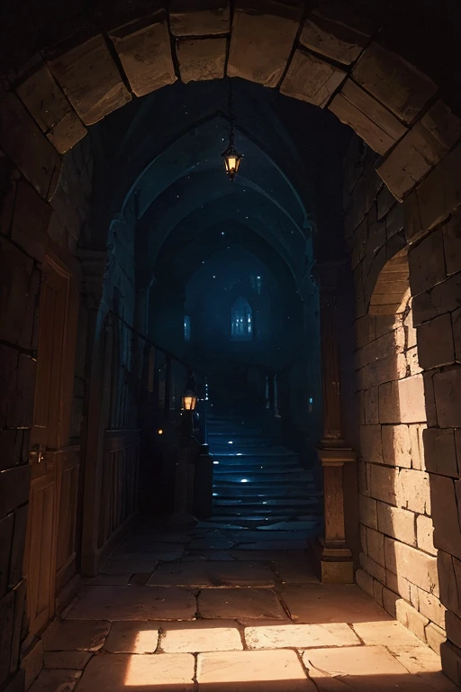 old secret passage in the castle dimly lit by magical wisps, cobwebs