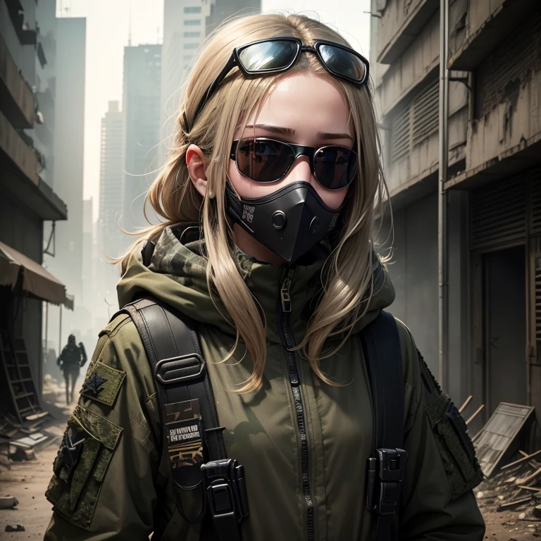 very beautiful young girl, 🧍 full height, dark blonde, short disheveled hair, camouflage,torn special forces uniform, a mask 😷, dark sunglasses, dirty face, post apocalypse, cyberpunk