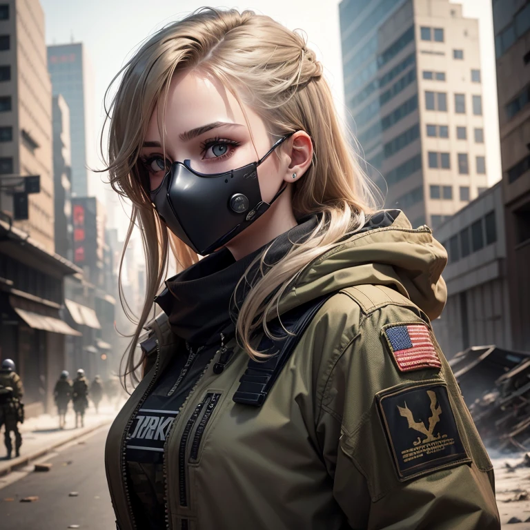 very beautiful young girl, 🧍 full height, dark blonde, short disheveled hair, camouflage,torn special forces uniform, a mask 😷, dark sunglasses, dirty face, post apocalypse, cyberpunk