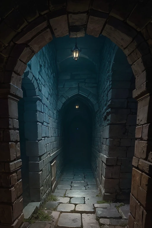 old secret passage in the castle dimly lit by magical wisps, cobwebs