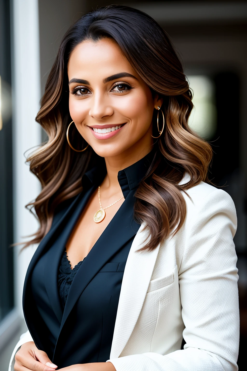 Photo of a 45-year-old Brazilian woman, radiantly healthy and vibrant, with shoulder-length wavy hair cascading down her back. She exudes confidence in her formal attire, a tailored blazer andpants, as she proudly shows off her expertise in nutrition. With a warm and welcoming expression, her eyes sparkle with intelligence and dedication to her profession. The intricately detailed texture of her skin glows with a natural radiance, while subtle highlights capture the golden hour light reflecting off her shoulders. (Best quality, Ultra-detailed: 1.1), Warm lighting, professional setting, formal attire, close-up portrait,