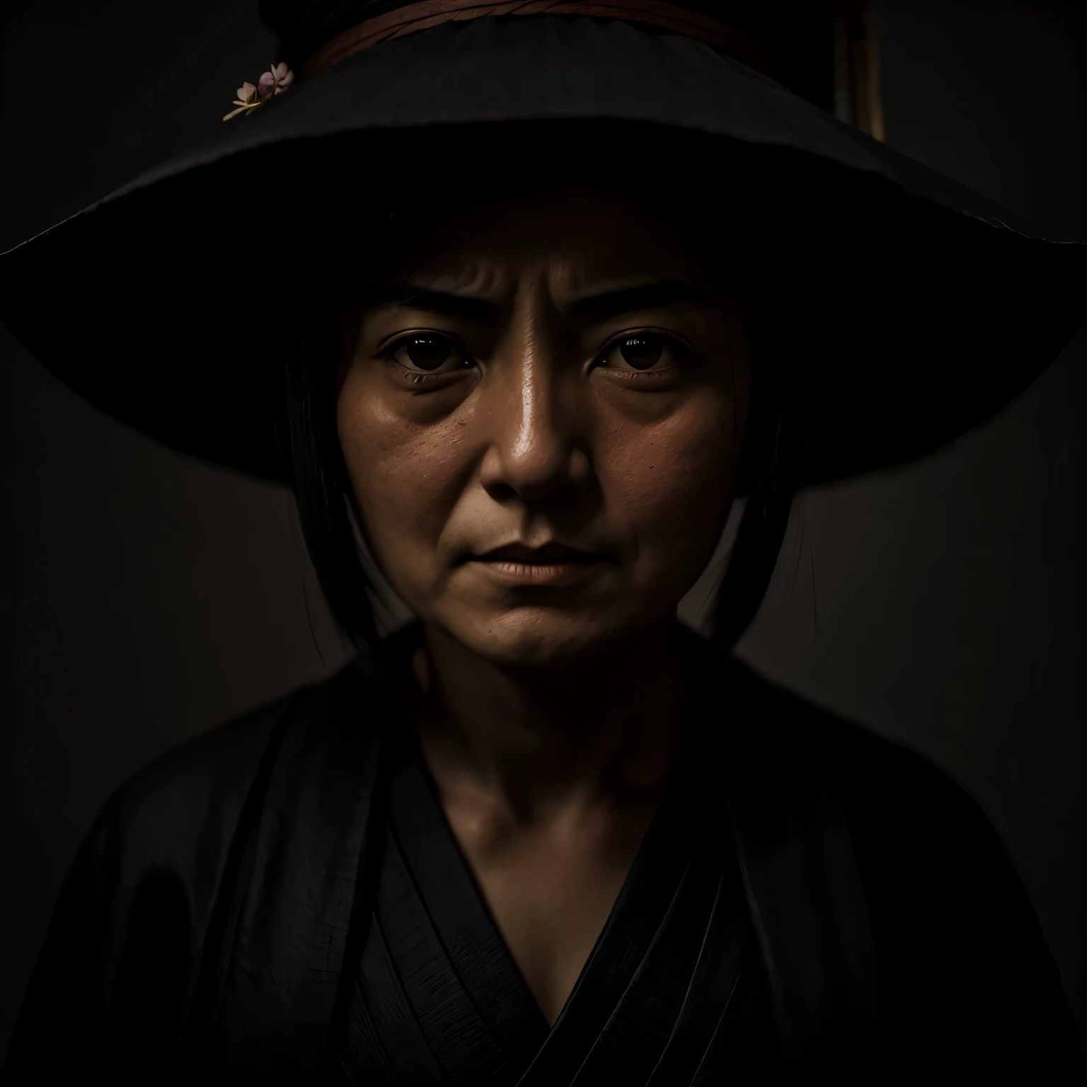 In the image, there is an old woman samurai and a young girl samurai holding katana swords. They are standing in front of a cherry blossom tree, imperial colors, by Hieronymus Bosch, Nicoletta Ceccoli, Jean Baptiste Monge, Paul Delaroche, Stephen Gammell, Sherry Akrami, surreal mysterious atmosphere, by moebiuss, Anton Semenov, Personajes de Maquinarium, Pupilas dot, Tres ojos, Seis de Little Nightmares, sonrisas espeluznantes, Somber, por Yi Inmun, por Tadeusz Brzozowski