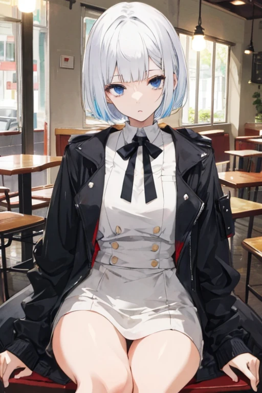 Cafe, sitting, White Bob Cut, large breasts are exposed, cyberpop, Idol, Jacket, best quality, brown skin, Wearing revealing clothing, slender body shape, melancholy expression, High resolution, cute