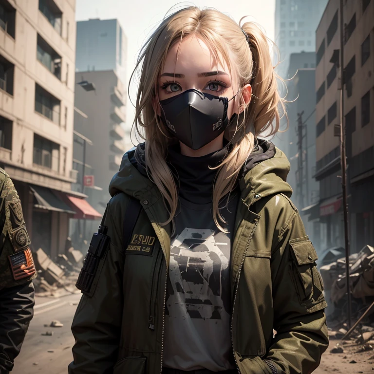 very beautiful young girl, 🧍 full height, dark blonde, short disheveled hair, camouflage,torn special forces uniform, a mask 😷, dark sunglasses, dirty face,garnish, realistically, post apocalypse, cyberpunk