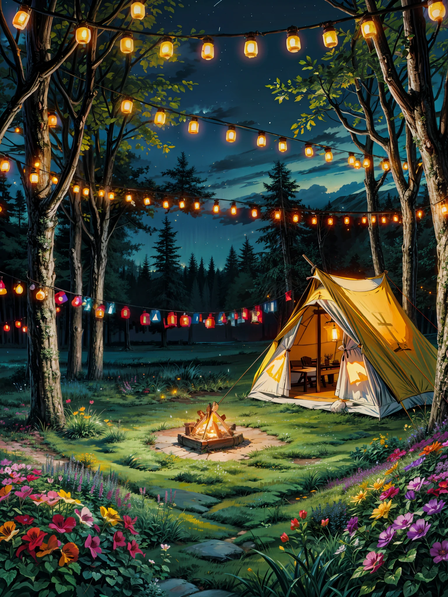 painting of a tent set up in the middle of a field, night outdoors, colorful, saturated, multicolored flowers, cozy night fireflies, outdoors lighting, soft outdoor light, outdoors setting, cosy enchanted scene, string lights, outdoors at night, outdoor lighting, under the stars, romantic ambiente, cinematic outdoor lighting, cozy and peaceful atmosphere, warm summer nights, warm lantern lighting, comfy ambience