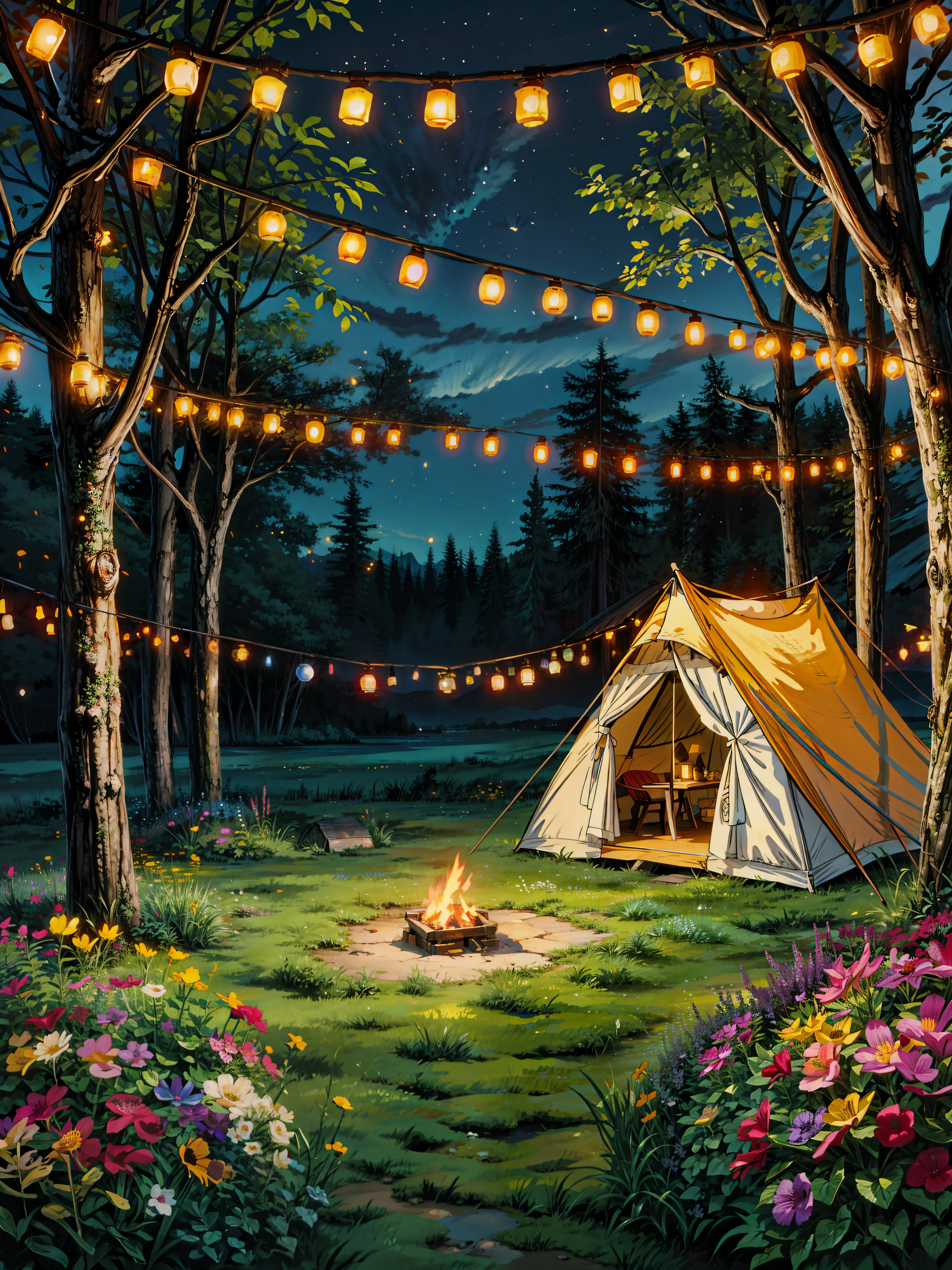 painting of a tent set up in the middle of a field, night outdoors, colorful, saturated, multicolored flowers, cozy night fireflies, outdoors lighting, soft outdoor light, outdoors setting, cosy enchanted scene, string lights, outdoors at night, outdoor lighting, under the stars, romantic ambiente, cinematic outdoor lighting, cozy and peaceful atmosphere, warm summer nights, warm lantern lighting, comfy ambience