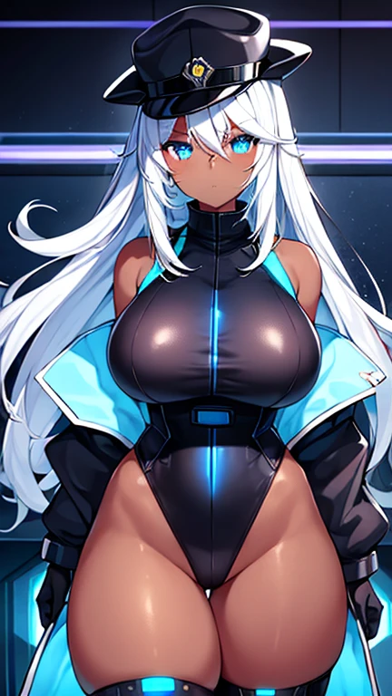 1girl, dark skin, dark-skinned female, police uniform, police, leotard, black leotard, white hair, long hair, blue eyes, police hat, large breasts, wide hips, thick thighs, futuristic, neon trim, science-fiction, machinery, tech, blue trim, neon, toned, toned female, neon lights