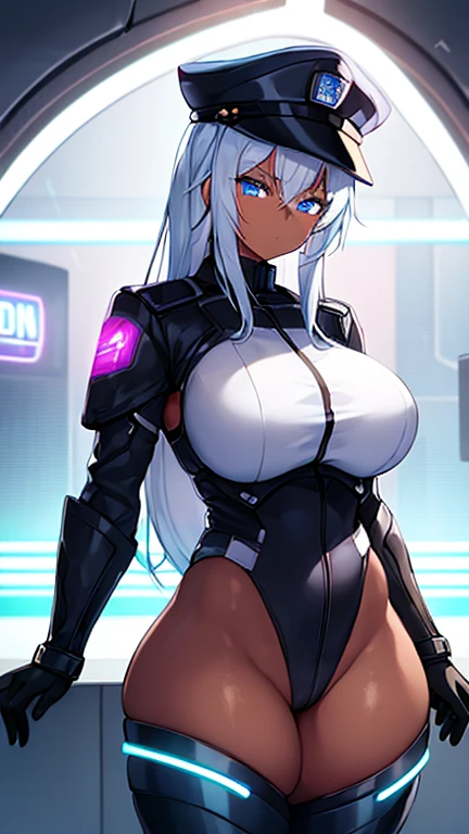 1girl, dark skin, dark-skinned female, police uniform, police, leotard, black leotard, white hair, long hair, blue eyes, police hat, large breasts, wide hips, thick thighs, futuristic, neon trim, science-fiction, machinery, tech, blue trim, neon, toned, toned female, neon lights