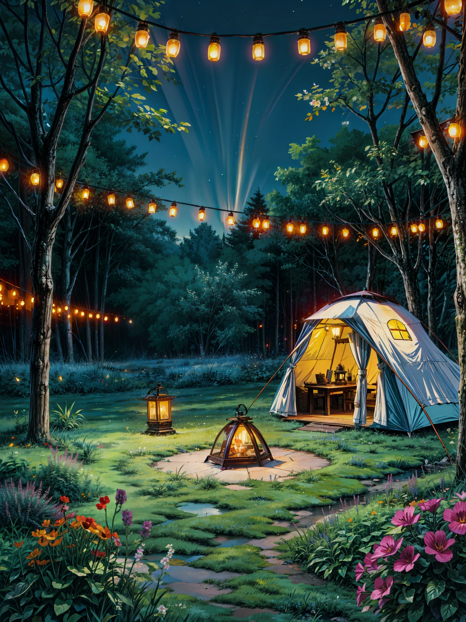 painting of a tent set up in the middle of a field, night outdoors, colorful, saturated, multicolored flowers, cozy night fireflies, outdoors lighting, soft outdoor light, outdoors setting, cosy enchanted scene, string lights, outdoors at night, outdoor lighting, under the stars, romantic ambiente, cinematic outdoor lighting, cozy and peaceful atmosphere, warm summer nights, warm lantern lighting, comfy ambience