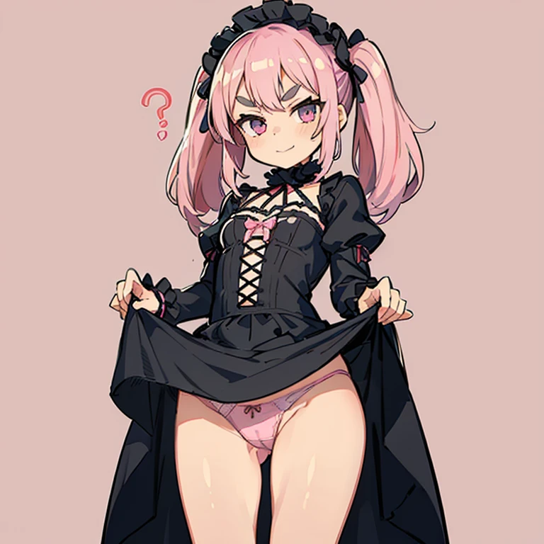 Girl with pink hair, long twin-tail hairstyle, ((small pink bushy eyebrows)), dressed in gothic ta clothing, loli(Zankuro) drawing style by zankuro artist, Zancro style, image uploaded to R34, flirty smile, lifting her dress to show her wide and naked hips, underwear in her hands, with a question expression