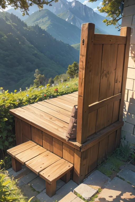 wooden box seat between the bushes