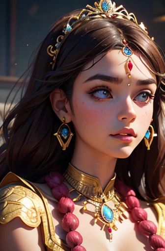 Create an image of a young woman, approximately 27 years old, presented as a superior entity or goddess from a tribal culture.  The focus should be on the face, in close-up, captured at a specific oblique angle.  She has light red, medium-length, slightly curly hair, adorned with delicate tribal-style tattoos that stretch across her face and neck.  Furthermore, she must be adorned with tribal adornments, such as necklaces, earrings or crowns, highlighting her divine position.  Her eyebrows should be finely shaped, and her eyes should be almond-shaped, light brown, expressive and medium in size.  Her nose is delicate and slightly upturned, with discreet nostrils.  Her lips are pink and slightly plump, showing a gentle and welcoming smile, with a subtle shine on her teeth.  Her skin is clear and luminous, with a flawless, naturally radiant complexion.  The expression on her face is majestic and confident, conveying a sense of power and wisdom, with a direct and engaging look.  Please ensure that the generated image captures her full divinity and captivating personality, with accurate and realistic details in her physiognomy, facial expression and tribal adornments."