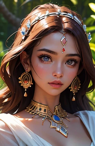 Create an image of a young woman, approximately 27 years old, presented as a superior entity or goddess from a tribal culture.  The focus should be on the face, in close-up, captured at a specific oblique angle.  She has light red, medium-length, slightly curly hair, adorned with delicate tribal-style tattoos that stretch across her face and neck.  Furthermore, she must be adorned with tribal adornments, such as necklaces, earrings or crowns, highlighting her divine position.  Her eyebrows should be finely shaped, and her eyes should be almond-shaped, light brown, expressive and medium in size.  Her nose is delicate and slightly upturned, with discreet nostrils.  Her lips are pink and slightly plump, showing a gentle and welcoming smile, with a subtle shine on her teeth.  Her skin is clear and luminous, with a flawless, naturally radiant complexion.  The expression on her face is majestic and confident, conveying a sense of power and wisdom, with a direct and engaging look.  Please ensure that the generated image captures her full divinity and captivating personality, with accurate and realistic details in her physiognomy, facial expression and tribal adornments."