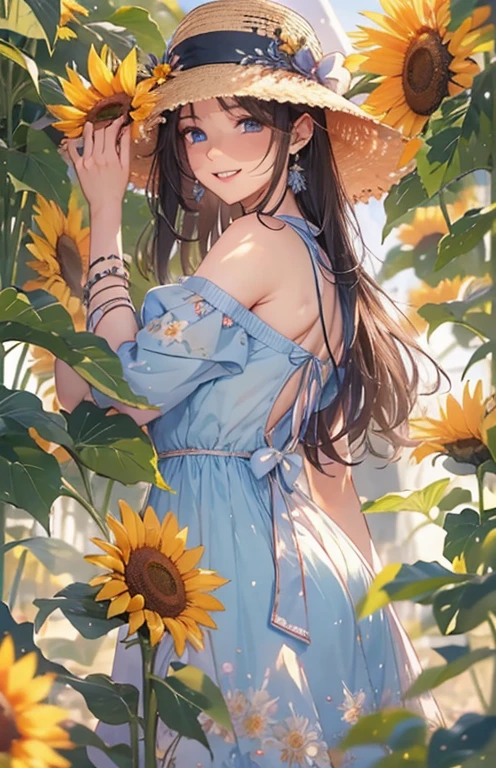 masterpiece、highest quality、High resolution、high quality images、8K, 1 female、skin luster、Texture of skin and clothing、Expression of fine eyes、Shiny black hair,long hair girl, Manga inspired by Lee Jong-suk, trending on deviantart, realism, Detailed manga style, Manga art style, Perfect Line Drawing, beautiful line drawing, digital manga art girl, K-POPアイドル, dress, beautiful light blue eyes, plump lips, Detailed gorgeous face, (cute smile), charm, innocent, Side view, (perfectly detailed face), (fine hands) photorealistic images, Depth of written boundary, half up hairstyle, sunflower, straw hat,one piece,wonderful flower garden,美しいsunflower,romanticism,