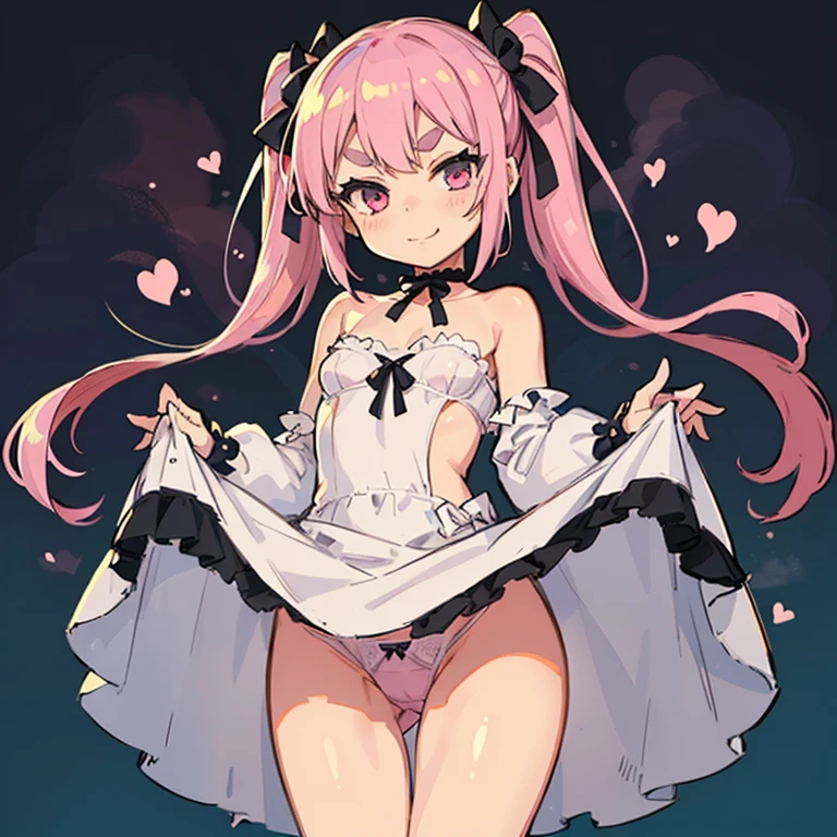 Girl with pink hair, long twin-tail hairstyle, ((small pink bushy eyebrows)), dressed in gothic ta clothing, loli(Zankuro) drawing style by zankuro artist, Zancro style, image uploaded to R34, flirty smile, lifting her dress to show her wide and naked hips, underwear in her hands, with a question expression