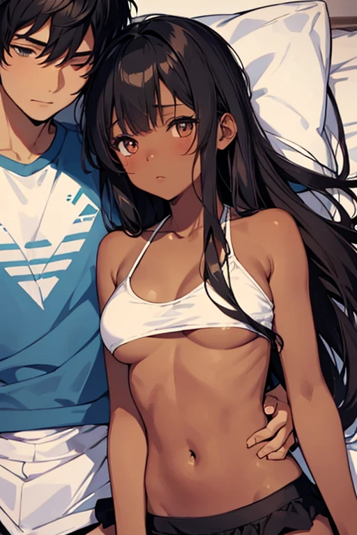 anime style depiction of a dark tan skinned girl clad in a bikini top and skirt, snuggled closely with a white handsome boy wearing a t-shirt, boy laying head on her stomach comforting her belly