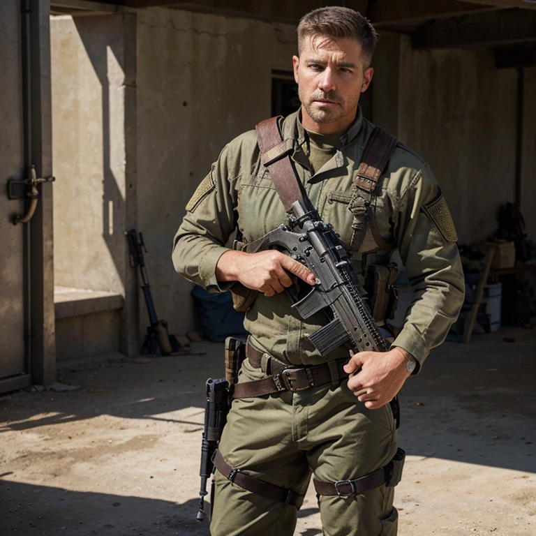 Mercenary man short hair, light eyes, tactical pants, combat boots, garrison belt, pistol in holster, rifle on sling  