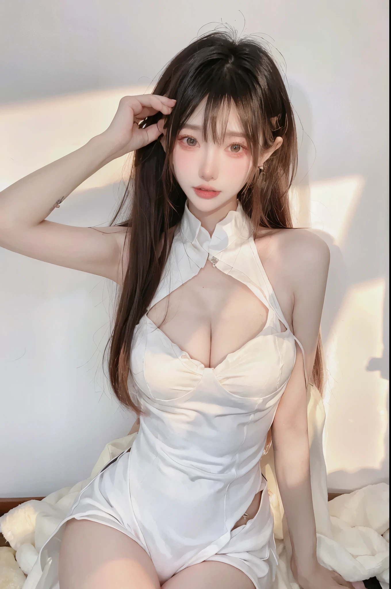 Beautiful woman with perfect body：1.4，layered hairstyle，Prominent cleavage：1.5，Highly detailed facial and skin textures，double eyelids，whiten skin，long hair，Whitened long legs