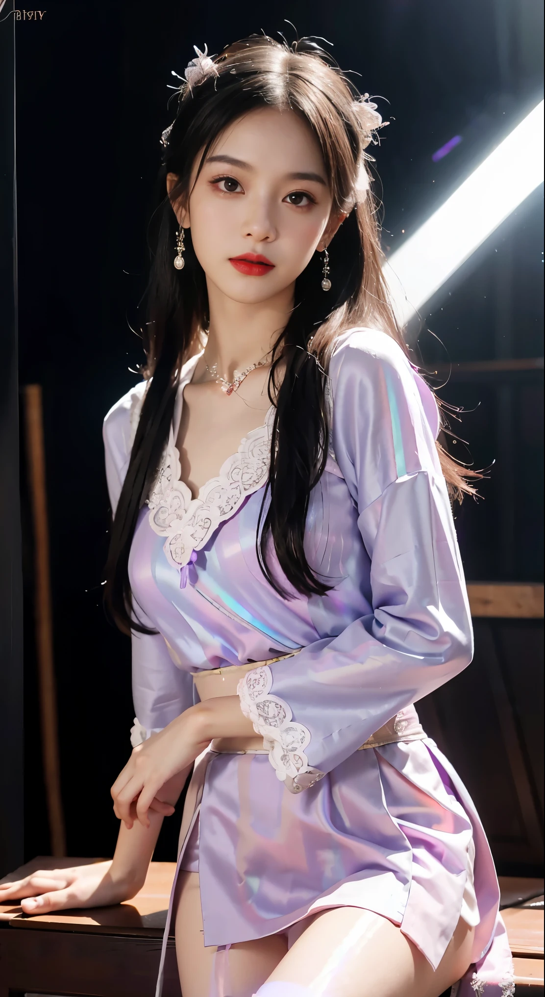 1 Beauty in Hanfu, Thin purple silk shirt,White,Variety of textures, White lace top, Platinum purple long ponytail, hair accessories, earring, light purple rabbit ears, Necklaces and Necklaces, Carefully drawn big purple eyes, Detailed makeup, thin eyebrows, high nose, cute red lips, no smile, purse lips, red face, broad chest, big breasts , Well-proportioned breasts, slim waist, Purple fishnet stockings, Chinese Hanfu style, fictional art texture, The colors are vivid and true to life, original photo, Realistic photos, Ultra-high quality 8k hyper-realistic photos, (Effective fantasy lighting effects: 1.8), 10x pixels, magic effect (background): 1.8), super detailed eyes, Girl body portrait, solo girl, Hanfu background,