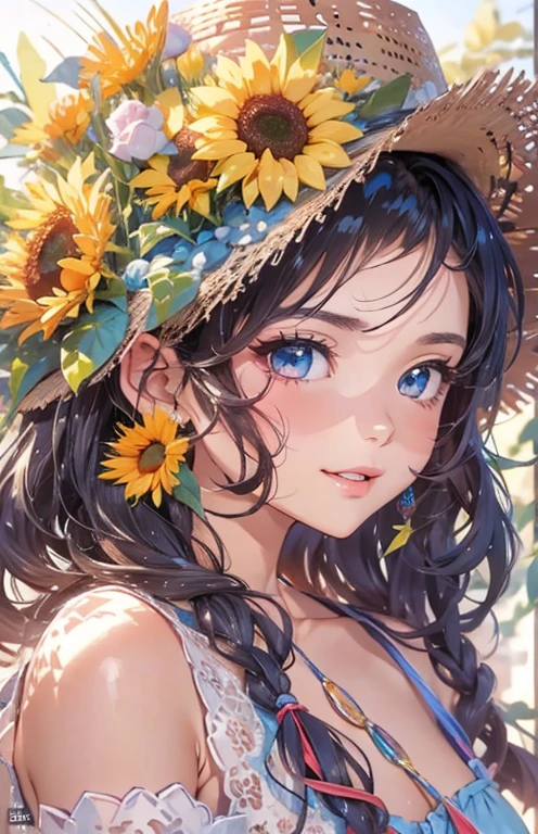 Hyperphotorealistic, putting lots of fruit on breasts, beautiful woman kissing fruit in ultra micro bikini, cheerful, sunny beach, making super details