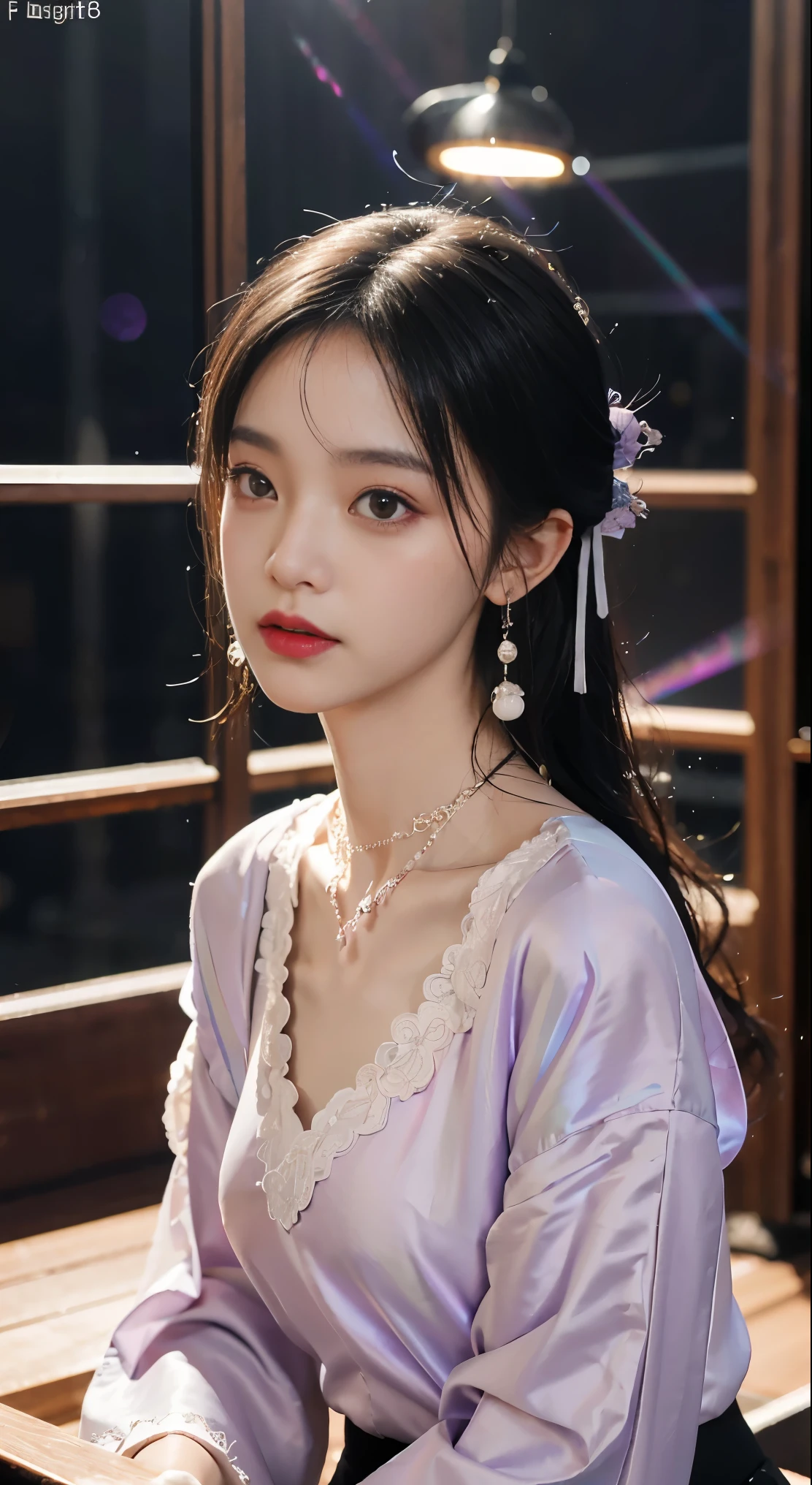 1 Beauty in Hanfu, Thin purple silk shirt,White,Variety of textures, White lace top, Platinum purple long ponytail, hair accessories, earring, light purple rabbit ears, Necklaces and Necklaces, Carefully drawn big purple eyes, Detailed makeup, thin eyebrows, high nose, cute red lips, no smile, purse lips, red face, broad chest, big breasts , Well-proportioned breasts, slim waist, Purple fishnet stockings, Chinese Hanfu style, fictional art texture, The colors are vivid and true to life, original photo, Realistic photos, Ultra-high quality 8k hyper-realistic photos, (Effective fantasy lighting effects: 1.8), 10x pixels, magic effect (background): 1.8), super detailed eyes, Girl body portrait, solo girl, Hanfu background,