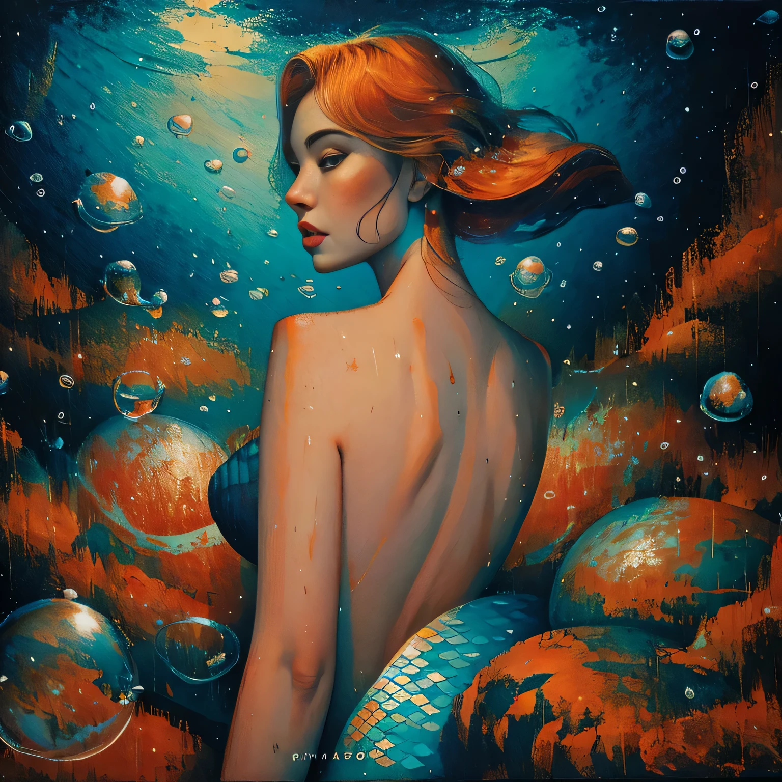 best quality,4k,8k,highres,masterpiece:1.2,ultra-detailed,photorealistic,advertising poster,mermaid,storm,monochromatic,harrowing,contrasting colors,dynamic lighting,water reflections,striking composition,dramatic atmosphere,mysterious concept, (impasto paintings:1.2),cowboy shot ,realistic, best quality, masterpiece, realistic ,hyperdetailed, intricately detailed, mermaid, (inside a bubble:1.6), 1girl, beautiful, sexy, mature woman, underwater, playing with fish, coral, seaweed, reef background, fantasy, ripples, breasts, warm colors, blonde hair, shells, orange hair, bubblerealm, water, (nsfw:0.3),