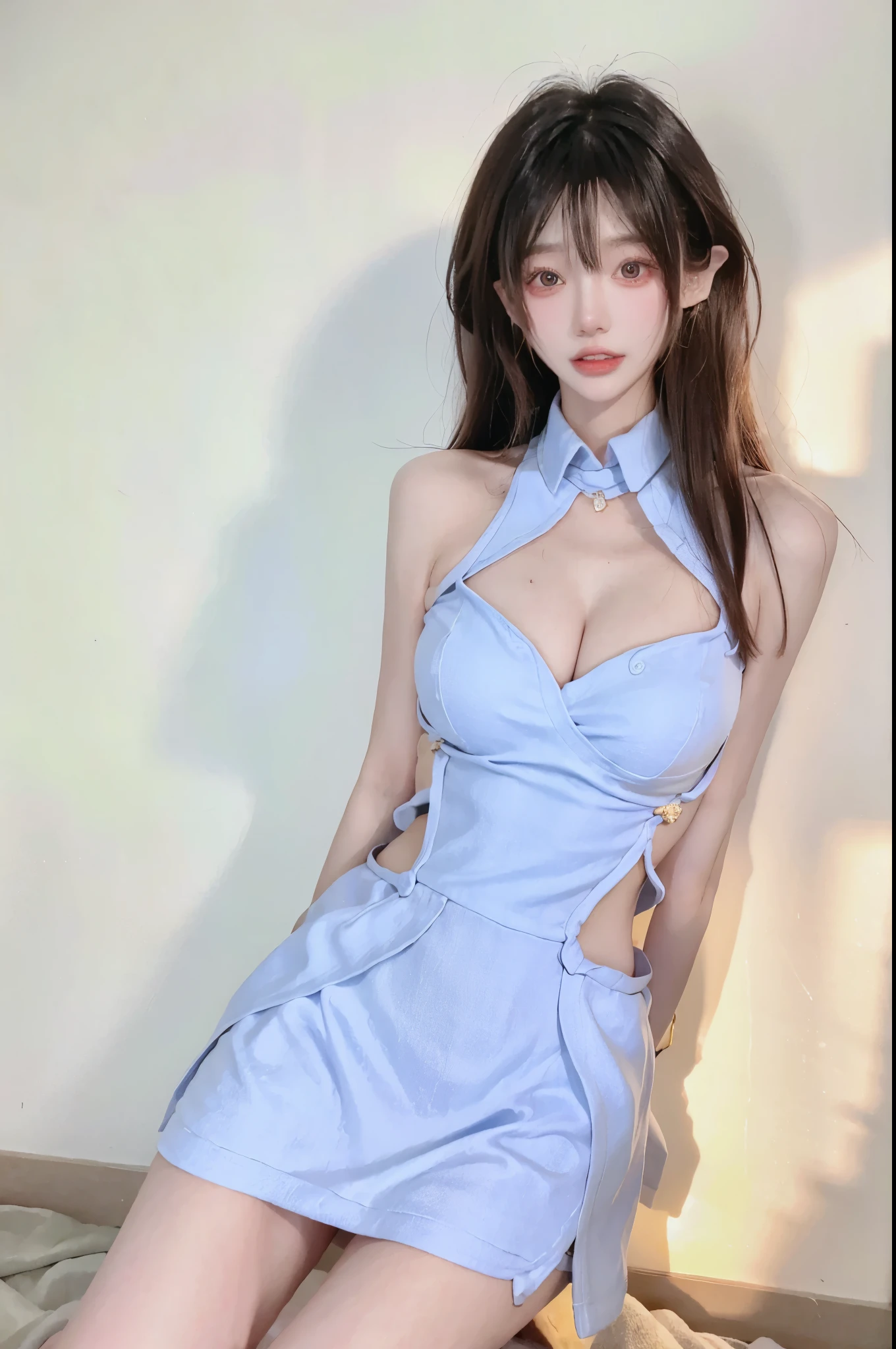 Beautiful woman with perfect body：1.4，layered hairstyle，Prominent cleavage：1.5，miniskirt，Highly detailed facial and skin textures，double eyelids，whiten skin，long hair，Whitened long legs