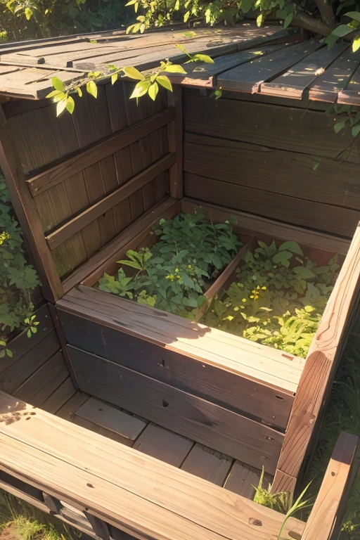 wooden box with a hatch between the bushes