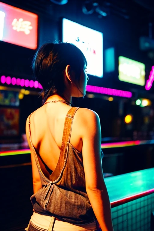 back view of young man、club、Shibuya、neon、Lonely、summer night、music、sake、Ghibli style