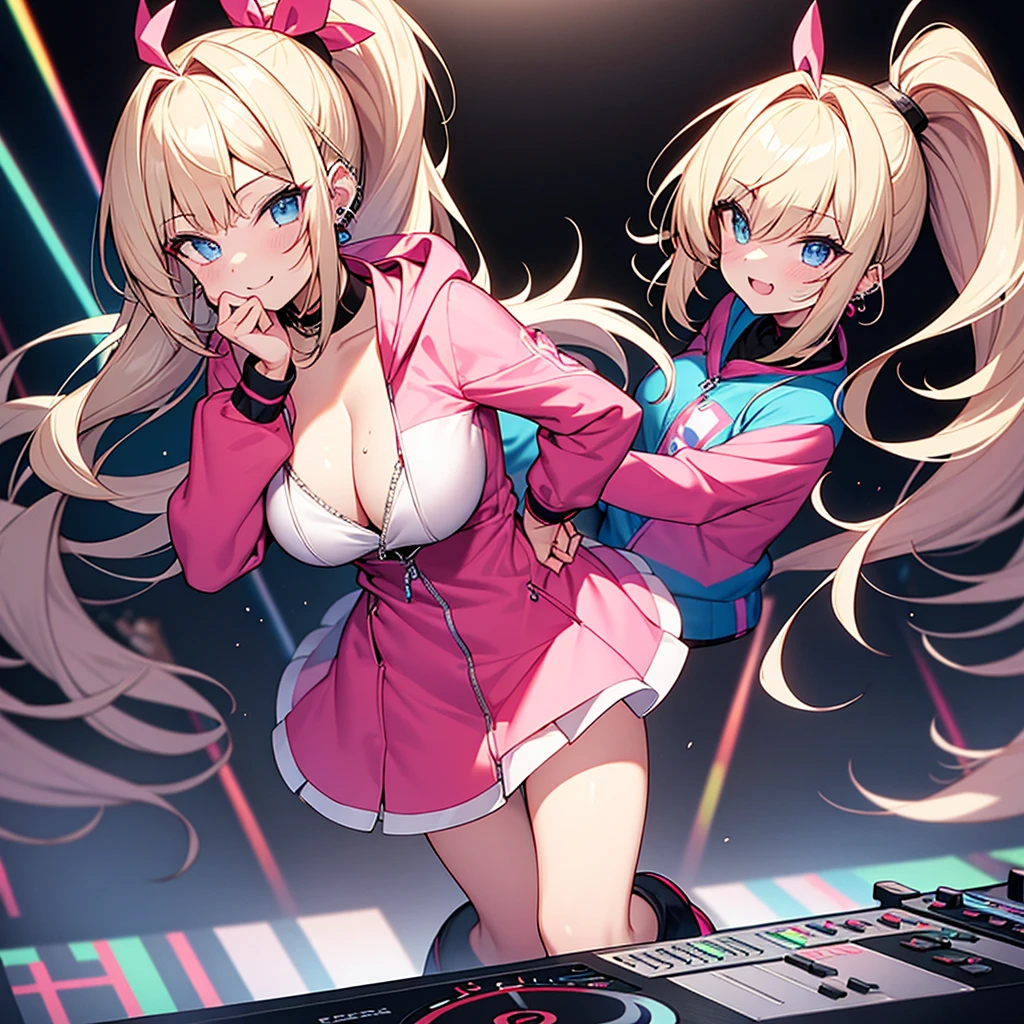 highest quality、blonde、ponytail、slanted eyes、blue eyes、pale skin、gal、pink hoodie、Her zipper is open, exposing her breasts、cleavage、Have many ear piercings、pink lip、heavy makeup、big breasts、short skirt、knee high boots、DJing live、DJ scratch、Beautiful stage、lots of neon、Ruthless smile、red nails、Live venues at night