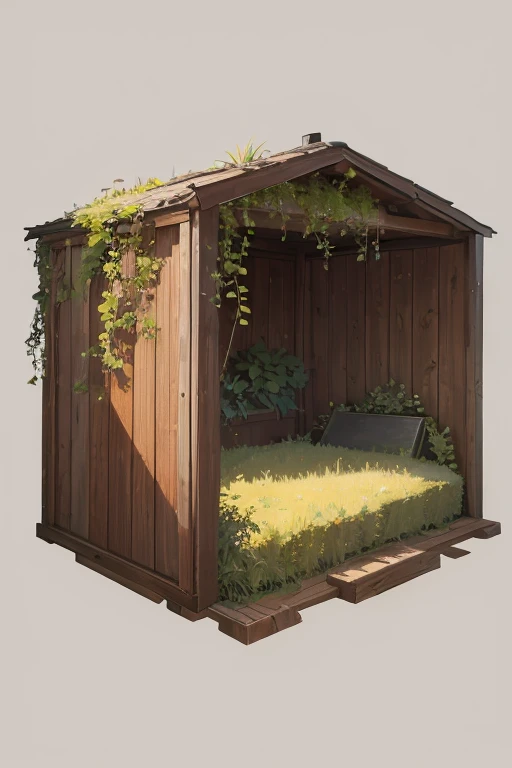 wooden box with a hatch between the bushes