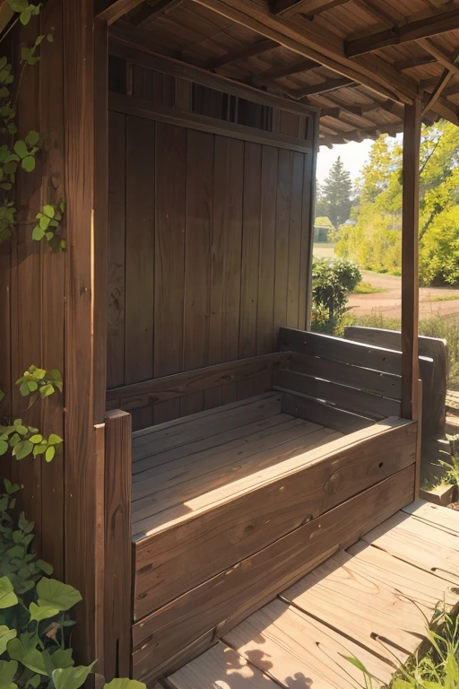 wooden box with a hatch between the bushes