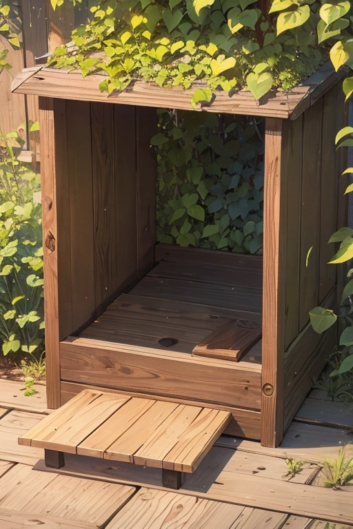 wooden box with a hatch between the bushes