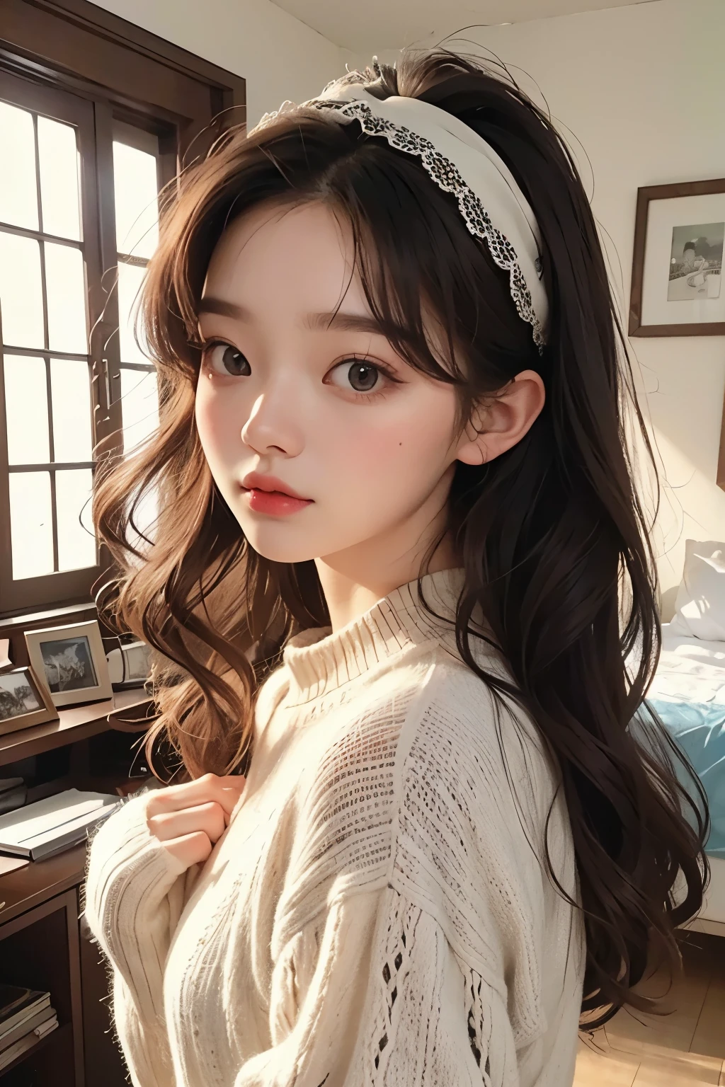masterpiece, best quality, 8 thousand, 24 years old, photo beast, absurd, award-winning portraits, pure, korean beauty, spring, A colorful and stylish room, laces, cute, right, healthy, Beloved, perfect hands, Innocent Girl, fluttering hair, 무작위 clothes, (clothes:random multi color), Popular hairstyles in Korea,