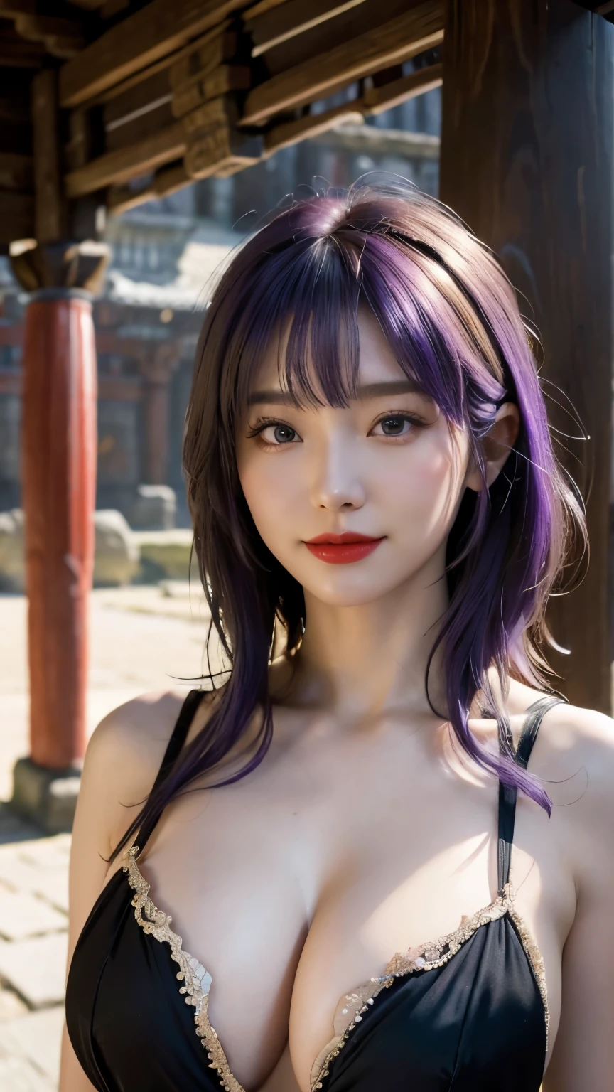 (Hyper Real), ancient shrine maiden, female shaman, giant beauty, safe, high resolution, real short hair, blonde, blonde woman, skin texture details, super high resolution, realistic, plump figure, smile, beautiful expression, small purple hair Airy long blonde hair, divine spirit, very delicate and detailed skin texture, (ancient luxury luxury temple), ancient priestess, big cleavage, plunging neckline, big red lips , (luxurious black costume and luxurious accessories)