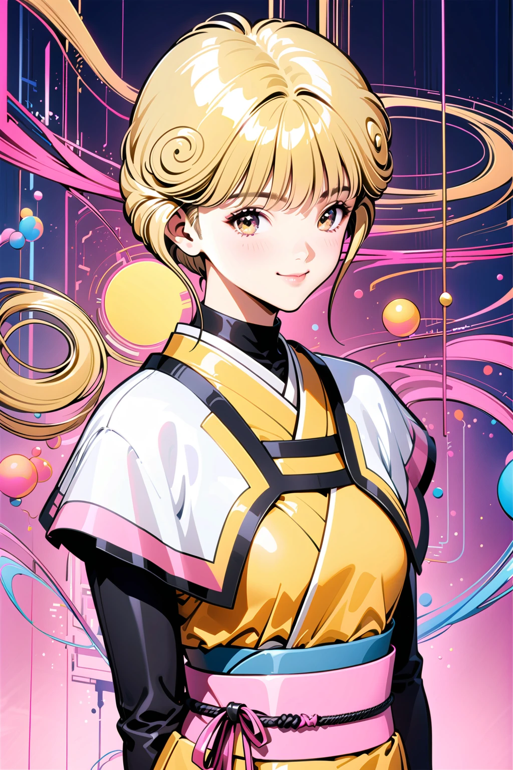 masterpiece, highest quality, divine qualities, godlike art, highly detailed face, very realistic, cute, Ai Amano,1 girl,alone,short hair,blonde hair,smile,closed mouth,brown eyes,Yellow short kimono, white pantyhose, white capelet, pink obi, pink ribbon,simple background,Upper body,Electronic circuit space background,