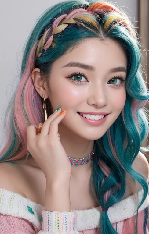 Portrait of a sweet casual look hairstyle for spring and summer, a close up of a realistic woman with a cute face and a round cheeks, hair over one eye, Long sideburns, Two-Tier Inverted shoulder length hair cascading down her shoulders, (Wavy hair:1.3), streak hair ((long blue hair:1.5), (streaked hair orange:1.3), (streaked hair green:1.3), (streaked hair pink:1.3)), (Wavy hair:1.3), wolf_cut hairstyle, low ponytail, joyful smile with showing teeth, brilliant glitter makeup with strawberry lips, rosy checks, shiny colorful eyeshadow, winged eyeliner, It creates a bright and fun appearance, gyaru-inspired off shoulder long sleeve collared crochet cover-up, hairclips, Cross Earrings up to the shoulders, numerous piercings, cute hair ornamente ,chocker, colorful nailpolish, (realistic woman) ,(ulzzang-6500:0.4)