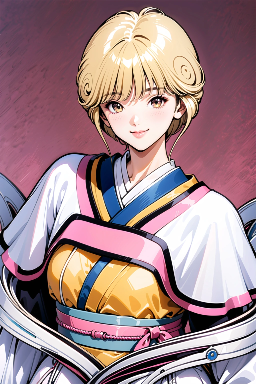 masterpiece, highest quality, divine qualities, godlike art, highly detailed face, very realistic, cute, Ai Amano,1 girl,alone,short hair,blonde hair,smile,closed mouth,brown eyes,Yellow short kimono, white pantyhose, white capelet, pink obi, pink ribbon,simple background,Upper body,Matchｊbackground,