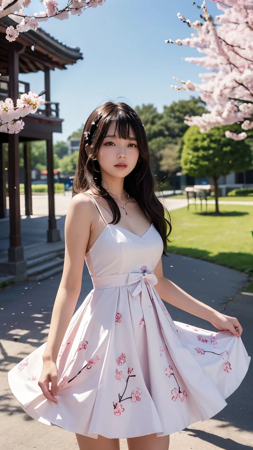 (logo、masterpiece、8K、table top、Raw photo、wonderful、最high quality、フォトリアリスティックでvery detailedな CG 統合 8k 壁紙、high quality、very detailed、Narrative poem、particle effects、dynamic effects、written boundary depth、cinematic light、Lens flare、ray tracing)、fantasy、 (1 beautiful woman、dress、dress、Cherry blossom pattern、black haired、beautiful face、real face、beautiful details eyes beautiful skin)、髪がWindで踊る、Hair flutters in Wind、hair bounces、Pink cherry blossom tree、petals dance、SakuraFubuki、wonderful景色、sunrise、Sun in the background、Wind
