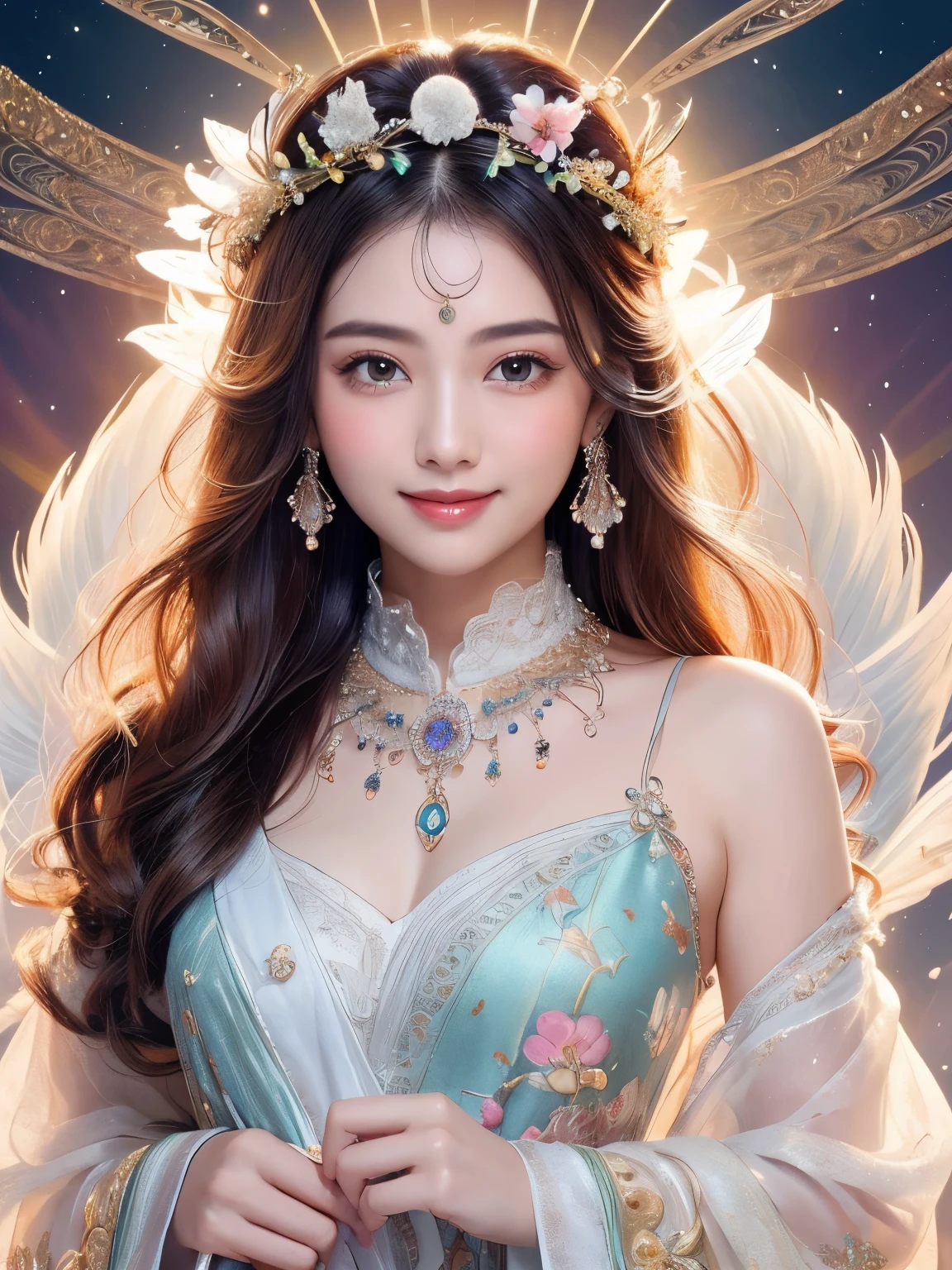 (Masterpiece、top quality、top quality、official art、Exquisite and beautiful:1.2)、(1 girl in)、sea,mountains and rivers,spring,magnificent,atmosphere,Buddha's light,Current Ions,aurora,Very detailed、(fractal art:1.3)、Colorful、most detailed,(Posture in motion:1.4)、Beautiful and delicate face with details、Beautiful and delicate eyes with details、Very fine eye definition, (symmetrical eyes:1.3),((Natural smile)),Floral fragrance,feather、Goddess image